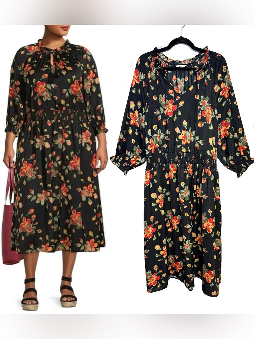Terra & Sky Floral Peasant Style Tie Vneck Midi Dress with Pockets Plus Size 2X